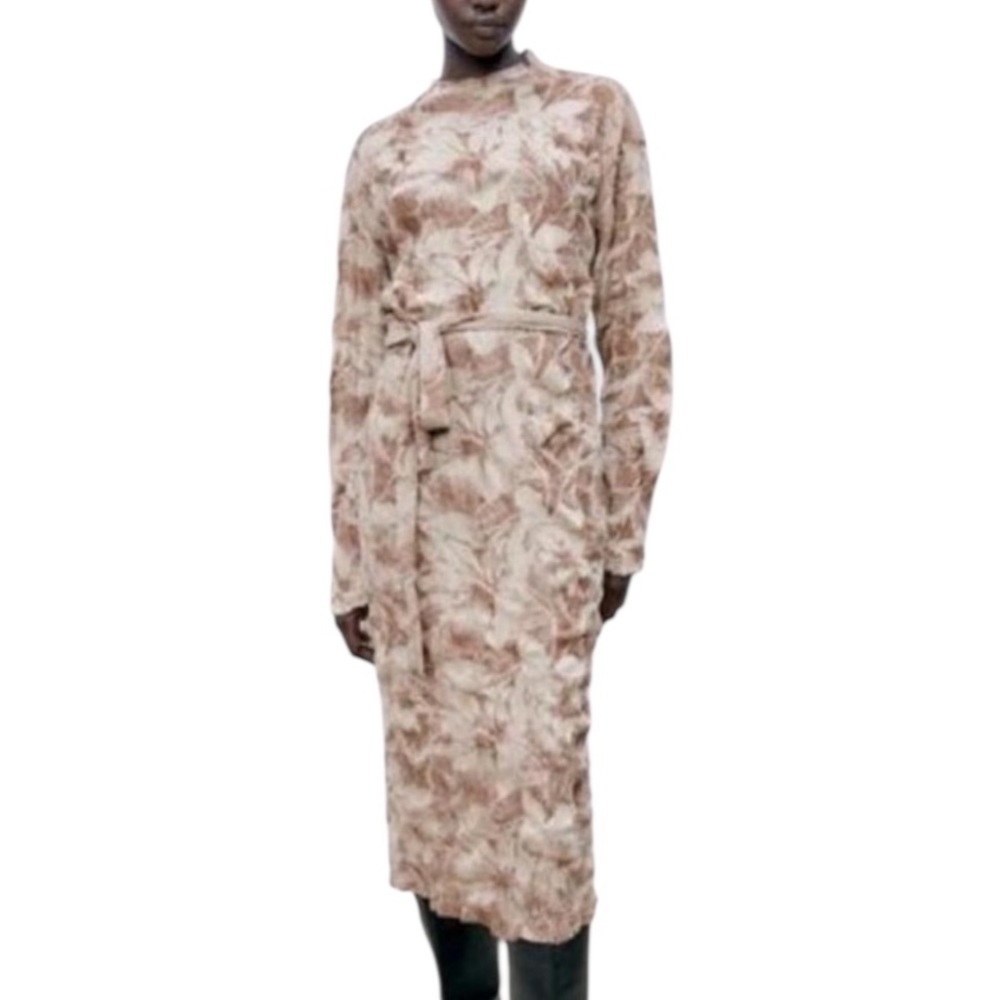 Zara Beige Taupe Brown Crinkled Jacquard Belted Tie Waist Midi Dress - L